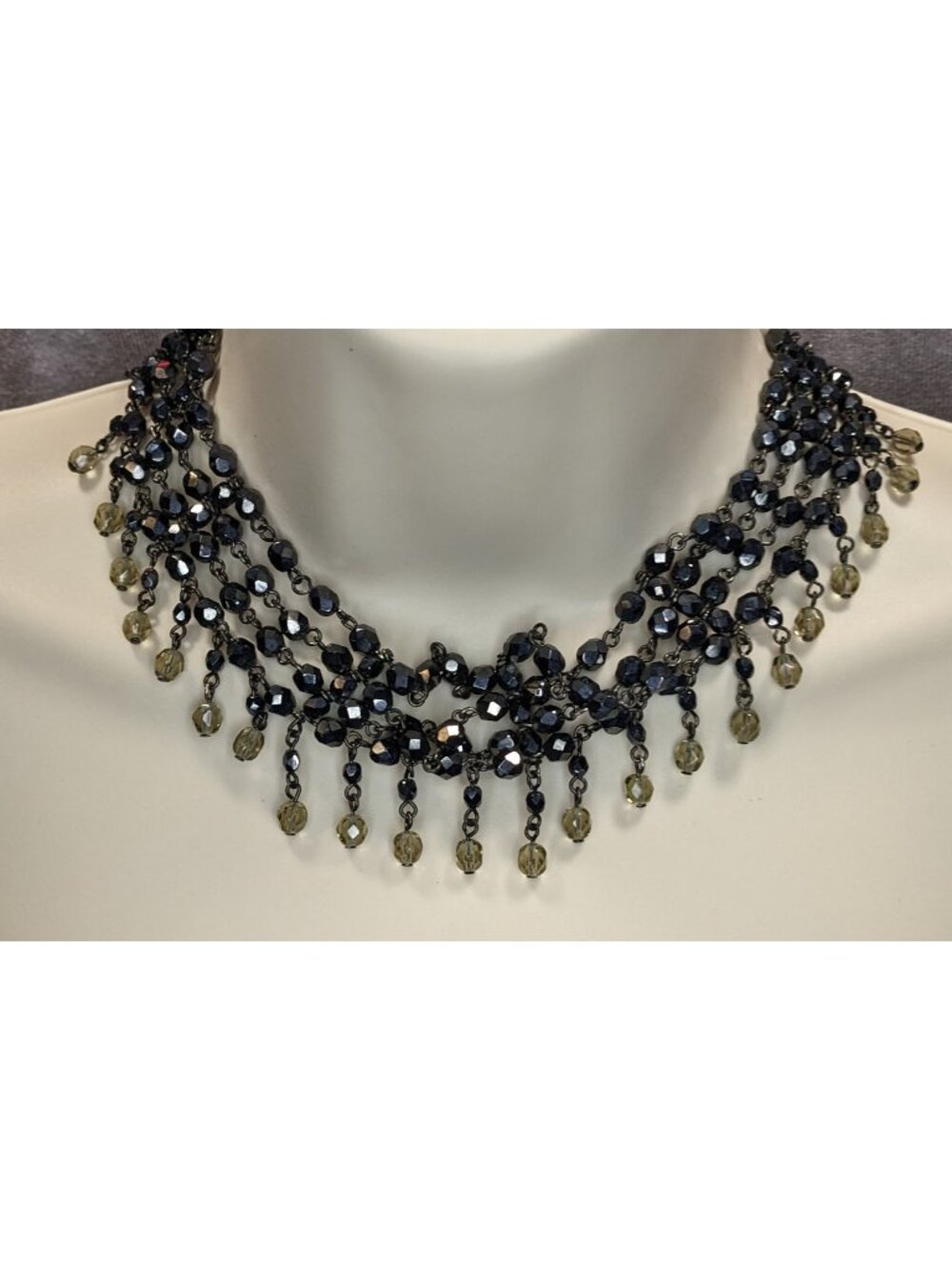 Gothic Glass Beaded Collar Black Gunmetal Statement Necklace Fringe Bib Vintage